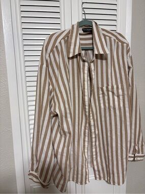 Kittenish Cream & Brown Striped Relaxed Button-Down Shirt
